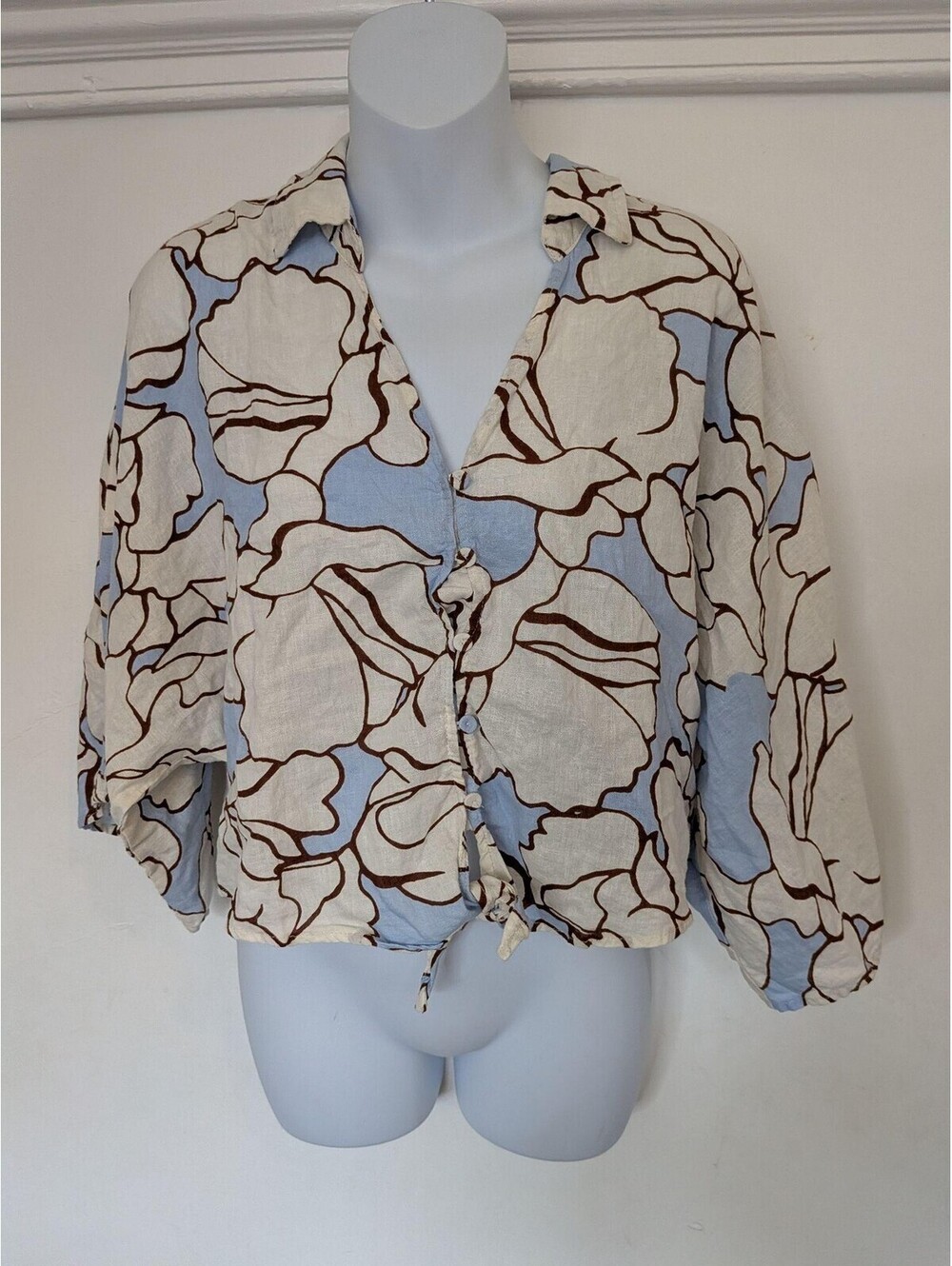 Rachel Zoe Blouse Womens L Multicolor Floral Collared Button Tie Crop Top Linen